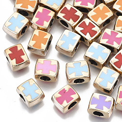 Light Gold UV Plating Acrylic European Beads, with Enamel, Large Hole Beads, Mixed Color, Rectangle with Cross, Light Gold, 10x8x6mm, Hole: 4mm
