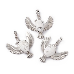 Howlite Natural Howlite Pendants, Bird Charms, with Platinum Tone Brass Findings, Cadmium Free & Nickel Free & Lead Free, 36~37x37.5~38.5x9~9.5mm, Hole: 7.5x5mm