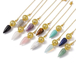 Mixed Stone Mixed Gemstone Dowsing Pendulum Big Pendants, with Rack Plating Golden Tone Brass Findings, Cadmium Free & Lead Free, Cone, 244x2.5mm, Hole: 1.6mm