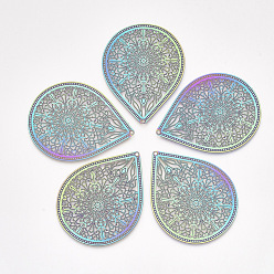 Rainbow Color Ion Plating(IP) 304 Stainless Steel Filigree Big Pendants, Etched Metal Embellishments, teardrop, with Floral, Rainbow Color, 51.5x40x0.2mm, Hole: 1.4mm