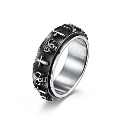 Stainless Steel Color Titanium Steel Skull & Cross Rotatable Finger Ring, Spinner Fidget Band Anxiety Stress Relief Punk Ring for Men Women, Stainless Steel Color, US Size 8(18.1mm)