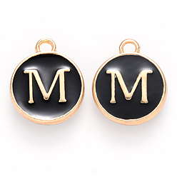 Letter M Golden Plated Alloy Charms, with Enamel, Enamelled Sequins, Flat Round, Black, Letter.M, 14x12x2mm, Hole: 1.5mm, 50pcs/Box