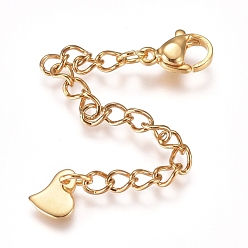 Golden 304 Stainless Steel Chain Extender, with Lobster Claw Clasps and Charms, Heart, Golden, 68mm, Link: 4x3x0.4mm, Clasp: 9.2x6.2x3.3mm