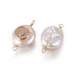 Clear Natural Pearl Links connectors, with Cubic Zirconia and Brass Findings, Flat Round, Golden, Clear, 22~25x13~15x7~10mm, Hole: 1.6mm
