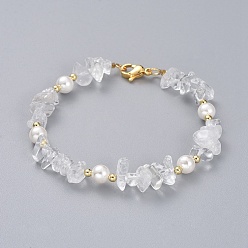 Quartz Crystal Natural Quartz Crystal Chip Beaded Bracelets, with Shell Pearl Round Beads, Brass Beads and 304 Stainless Steel Lobster Claw Clasps, 7-1/4 inch(18.5cm)