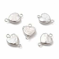 Platinum Baroque Natural Keshi Pearl Connector Charms, Heart Links, with Brass Double Loops, Platinum, 17~18x11~13x4~5mm, Hole: 1.8mm