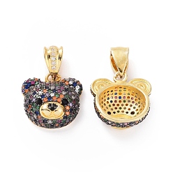 Colorful Brass Micro Pave Cubic Zirconia Pendants, Bear Head Charm, Real 18K Gold Plated, Colorful, 19x19x8mm, Hole: 5x8mm