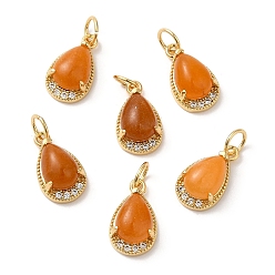 Yellow Jade Natural Yellow Jade Teardrop Charms, with Rack Plating Brass Micro Pave Clear Cubic Zirconia Findings and Jump Ring, Cadmium Free & Lead Free, Real 18K Gold Plated, 13.5x8x5.5mm, Hole: 3.5mm