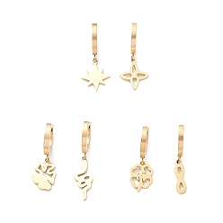 Golden 3 Pair 3 Style Star & Clover & Snake & Infinity Ion Plating(IP) 304 Stainless Steel Asymmetrical Earrings, Dangle Hoop Earrings for Women, Golden, 26~33mm, Pin: 1mm, 1 Pair/style