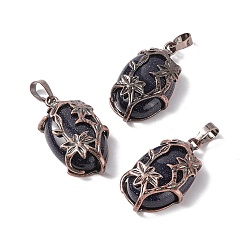 Blue Goldstone Synthetic Blue Goldstone Pendants, with Red Copper Tone Brass Findings, Cadmium Free & Lead Free, Oval with Flower Charm, 33x20x9mm, Hole: 5x8mm