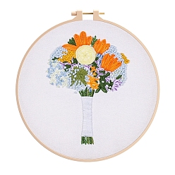 Orange Kit de broderie bricolage motif fleur, y compris les aiguilles à broder et le fil, tissu en coton, orange, 210x210mm