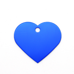 Blue Colored Aluminum Pendants, Laser Cut, Double Sided Dog Pet Name Phone Number ID Tag Charm, Heart, Blue, 33x37.6x1mm, Hole: 4mm