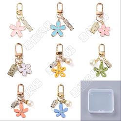 Mixed Color Olycraft 8Pcs 8 Style Alloy & Resin Enamel Pendant Keychains, with Alloy Key Clasps, Flower & Rectangle, Mixed Color, 5.9~7.1cm, 1pc/style
