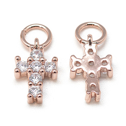 Rose Gold DIY Brass Micro Pave Cubic Zirconia Charms, Cross, Rose Gold, 13x7x3mm, Hole: 3mm, Jump Ring: 5x1mm, 3mm inner diameter