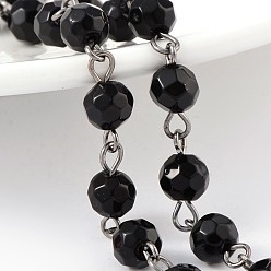 Black Handmade Faceted Round Transparent Glass Beads Chains for Necklaces Bracelets Making, with Gunmetal Tone Brass Eye Pin, Unwelded, Black, 39.3 inch, about 88pcs/strand