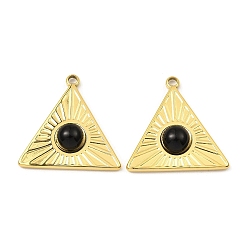 Black Agate Natural Black Agate Pendants, Ion Plating(IP) 316 Stainless Steel Triangle Charms, Real 24K Gold Plated, 21.5x21.5x5mm, Hole: 1.6mm