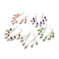 Mixed Stone Natural Mixed Stone Bead Dangle Earrings, Leaf Alloy Chandelier Earrings, 94~96mm, Pin: 0.6mm