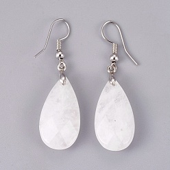 Quartz Crystal Natural Quartz Crystal Dangle Earrings, with Brass Findings, teardrop, Faceted, Platinum, 45~49mm, Pin: 0.7mm, Pendant: 24~26x13x6~7mm