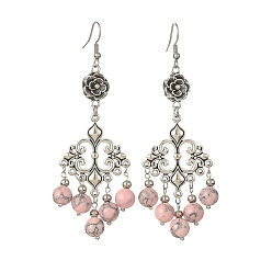 Turquoise Synthétique Boucles d'oreilles pendantes en perles de turquoise synthétique teintes, Boucles d'oreilles lustre en alliage ross pour femmes, 90x29mm