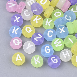 Mixed Color Transparent Frosted Acrylic Beads, Horizontal Hole, Flat Round with Random Initial Letter, Mixed Color, 7x3.5mm, Hole: 1.2mm, about 3650pcs/500g