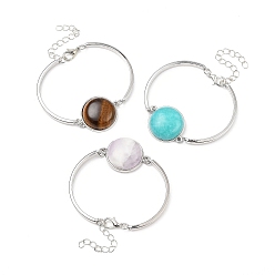 Mixed Stone Alloy Charm Bracelets, with Flat Round Natural & Synthetic Gemstone Cabochons, Platinum, Inner Diameter: 5.5cm(2-1/8 inch)