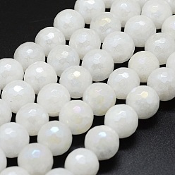 White Jade Electroplated Natural White Jade Beads Strands, Round, Faceted(128 Facets), 8mm, Hole: 1.5mm, about 47pcs/strand, 14.9 inch(38cm)