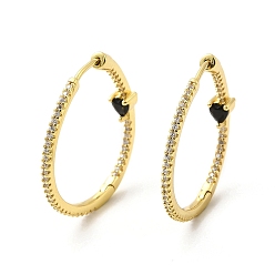 Black Cubic Zirconia Heart Hoop Earrings, Real 18K Gold Plated Brass Jewelry for Women, Black, 30x1.5~4.5mm, Pin: 1mm