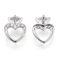 Real Platinum Plated Rhodium Plated 925 Sterling Silver Micro Pave Cubic Zirconia Charms, with S925 Stamp, Heart Charms, Nickel Free, Real Platinum Plated, 10x8x5.5mm, Hole: 3.5x5.5mm