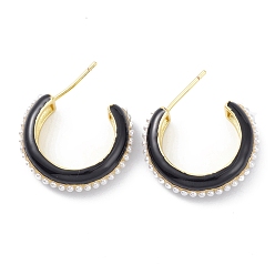 Черный Пластиковые жемчужные бусины для ушей для женщин, серьги-гвоздики из латуни с позолотой 18k, без свинца и без кадмия, долговечный, чёрные, 25x22x5.5 мм, штифты : 0.8 мм
