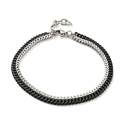 Black Two Tone 304 Stainless Steel Wheat Chains Double Layer Multi-strand Bracelets, Black and Stainless Steel, 7-1/2 inch(19.1cm)