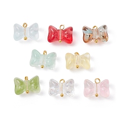Mixed Color 8Pcs 8 Color Glass Pendants, with Golden Brass Loops, Bowknot Charms, Mixed Color, 11x14.5x8mm, Hole: 2mm, 1Pc/color