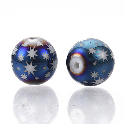 Blue Plated Christmas Electroplate Glass Beads, Round with Star Pattern, Blue Plated, 10mm, Hole: 1.2mm
