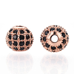 Rose Gold Rack Plating Brass Cubic Zirconia Beads, Long-Lasting Plated, Round, Rose Gold, 8x7mm, Hole: 2mm