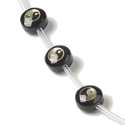 Yin-yang Handmade Lampwork Beads Strands, with Golden Tone Brass Findings & Enamel, Flat Round, Black, Yin-yang, 8x5.5mm, Hole: 1mm, about 20pcs/strand, 14.76 inch(37.5cm)