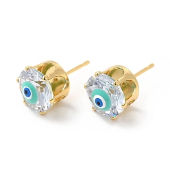 Turquoise Boucles d'oreilles rondes plates en verre avec mauvais œil en émail, bijoux en laiton plaqué or véritable 18k pour femmes, turquoise, 11mm, pin: 0.8 mm