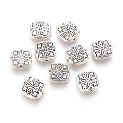 Antique Silver Tibetan Style Alloy Beads, Lead Free & Cadmium Free, Square with Flower, Antique Silver, 10.5x10.5x3.5mm, Hole: 1.5mm