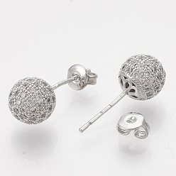 Platinum Brass Cubic Zirconia Stud Earrings, with Ear Nuts, Round, Clear, Platinum, 19.5x8mm, Pin: 0.7mm