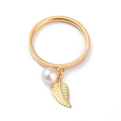 Golden Dual-use Items, 304 Stainless Steel Finger Rings or Pendants, with Plastic Round Beads, Leaf, White, Golden, US Size 5~9(15.7~18.9mm)