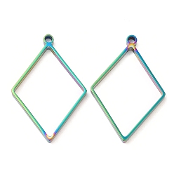 Rainbow Color 304 Stainless Steel Open Back Bezel Rhombus Pendants, For DIY UV Resin, Epoxy Resin, Pressed Flower Jewelry, Rainbow Color, 39x26x3mm, Hole: 2.2mm, Inner Diameter: 32x23.5mm