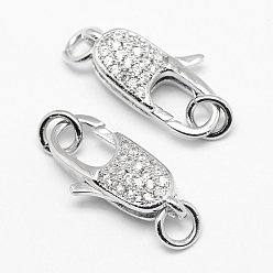 Real Platinum Plated Brass Micro Pave Grade AAA Cubic Zirconia Lobster Claw Clasps, Lead Free & Nickel Free & Cadmium Free, Real Platinum Plated, 19x10x6mm, Hole: 3mm