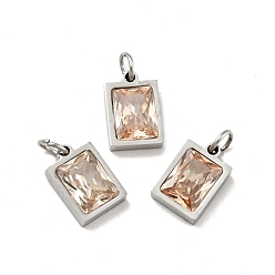 PeachPuff 304 Stainless Steel Pendants, with Cubic Zirconia and Jump Rings, Single Stone Charms, Rectangle, Stainless Steel Color, PeachPuff, 11.5x8x3.5mm, Hole: 3.6mm