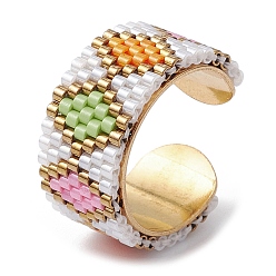 Rhombus 304 Stainless Steel Open Cuff Ring with Glass Seed Beaded, Rhombus, US Size 6 3/4(17.1mm)