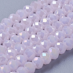 Pink Electroplate Glass Bead Strands, Full Luster Plated, Faceted, Rondelle, Pink, 3.5x2.5~3mm, Hole: 1mm, about 120pcs/strand, 13.7~14.1 inch(33~34cm)