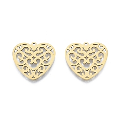 Real 18K Gold Plated Ion Plating(IP) 201 Stainless Steel Pendant, Hollow Charms, Heart, Real 18K Gold Plated, 23x24.5x1.5mm, Hole: 1.5mm