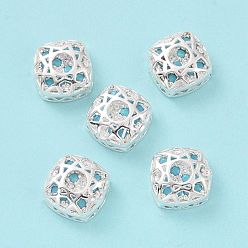 Turquoise Eco-friendly Brass Cubic Zirconia Multi-Strand Links, Cadmium Free & Lead Free, Square, Silver Color Plated, Turquoise, 10x10x5.7mm, Hole: 1.2mm