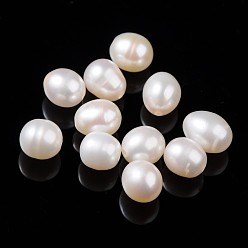 Beige Natural Cultured Freshwater Pearl Beads, Half Drilled Hole, Grade AA, Rice, White, about 6~8mm in diameter, hole: 0.9mm
