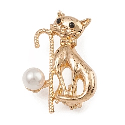 Oro Broche de aleación de diamantes de imitación, con perlas de imitación abs, gato, dorado, 34.5x23x12.5 mm