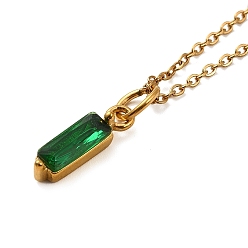 Green Rectangle Cubic Zirconia Pendant Necklaces, Ion Plating(IP) 304 Stainless Steel Cable Chain Necklace for Women, Golden, Green, 17.52 inch(44.5cm)