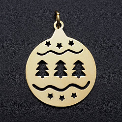 Golden 201 Stainless Steel Pendants, with Unsoldered Jump Rings, Flat Round with Christmas Tree, Golden, 25x20x1mm, Hole: 3mm, Jump Ring: 5x0.8mm