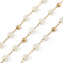 Beige Chaîne de perles rondes en jade naturel teint, avec chaînes satellites dorées 304 en acier inoxydable, non soudée, avec bobine, beige, 2.5x1x0.3mm, 5x4mm, 3mm, environ 32.81 pieds (10 m)/rouleau